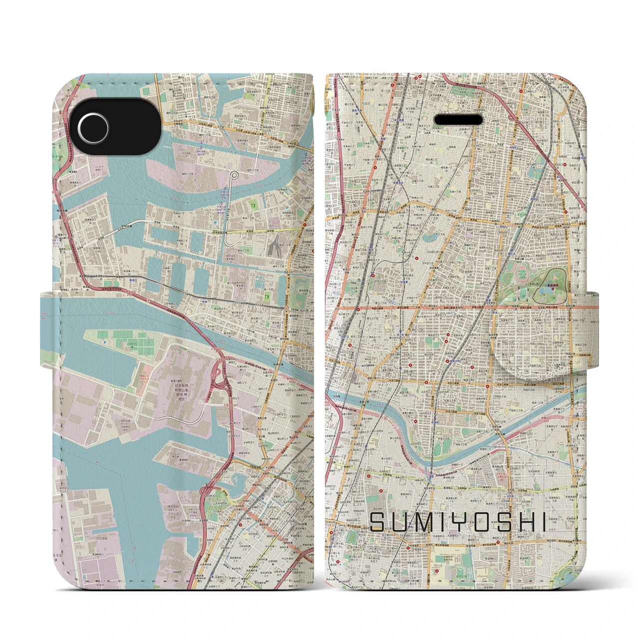 【住吉(大阪府)】地図柄iPhoneケース(手帳タイプ)ナチュラル・iPhone SE(第3 / 第2世代) / 8 / 7 / 6s / 6 用