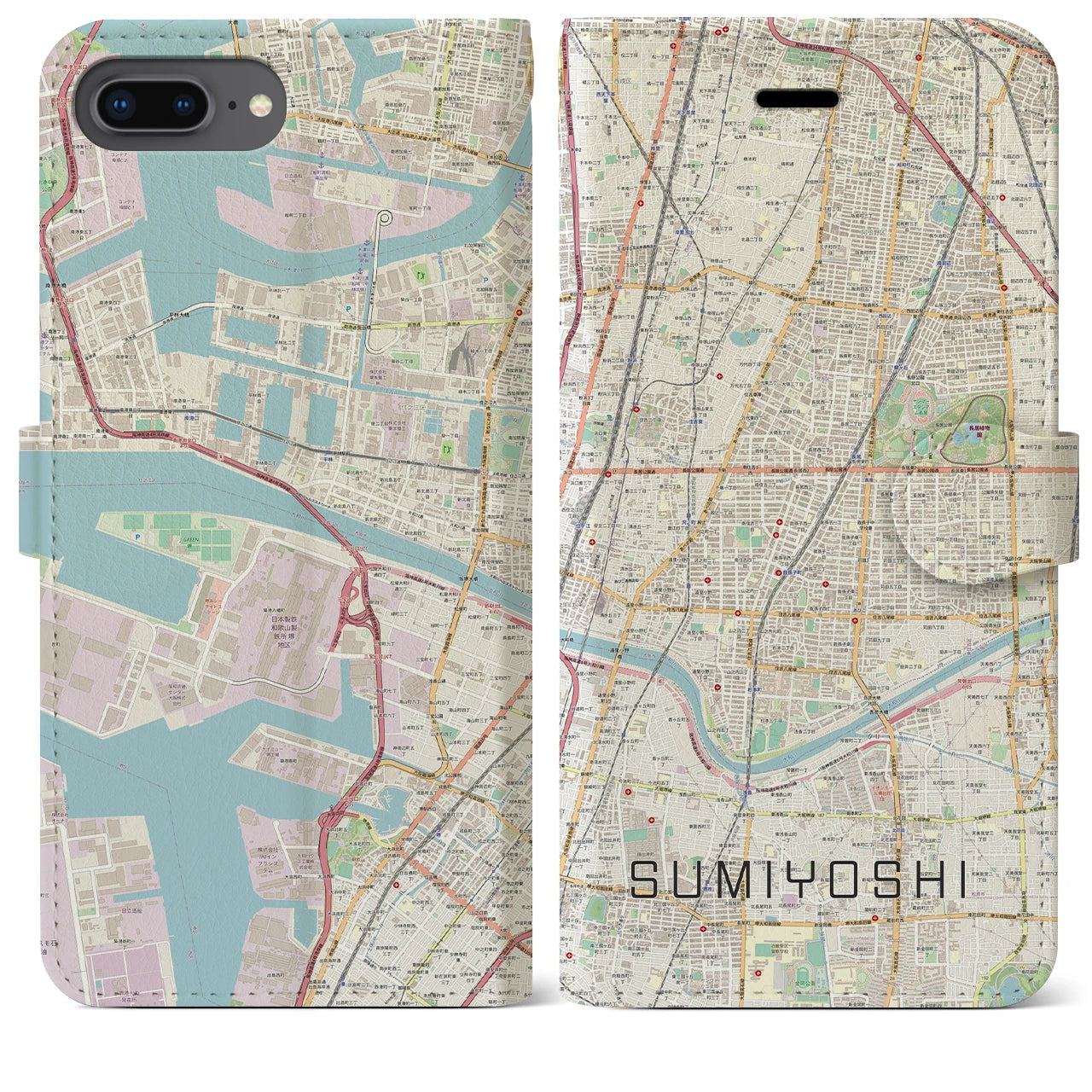 【住吉(大阪府)】地図柄iPhoneケース(手帳タイプ)ナチュラル・iPhone 8Plus /7Plus / 6sPlus / 6Plus 用