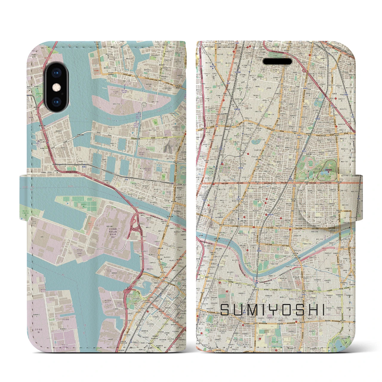 【住吉(大阪府)】地図柄iPhoneケース(手帳タイプ)ナチュラル・iPhone XS / X 用