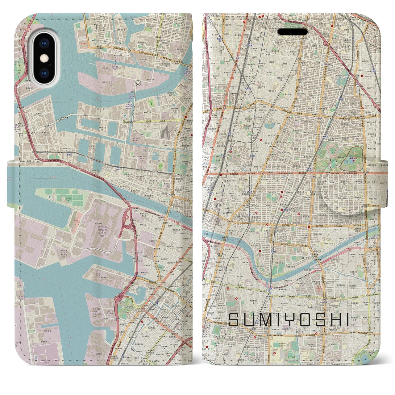 【住吉(大阪府)】地図柄iPhoneケース(手帳タイプ)ナチュラル・iPhone XS Max 用