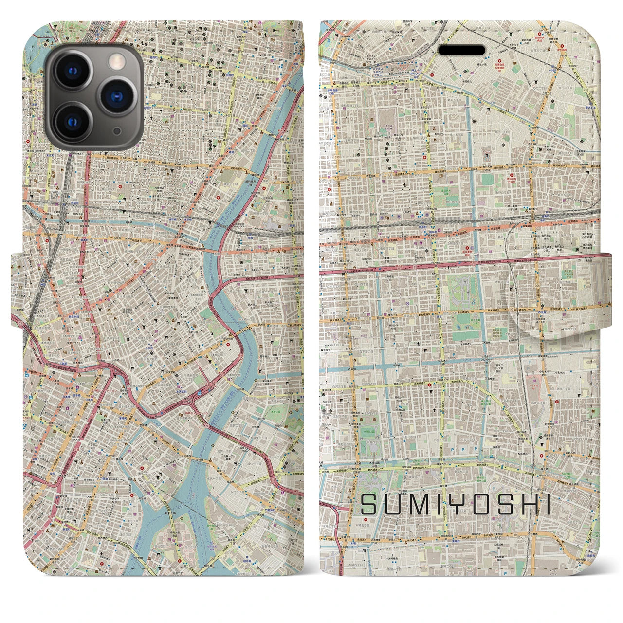 【住吉(東京都)】地図柄iPhoneケース(手帳タイプ)ナチュラル・iPhone 11 Pro Max 用