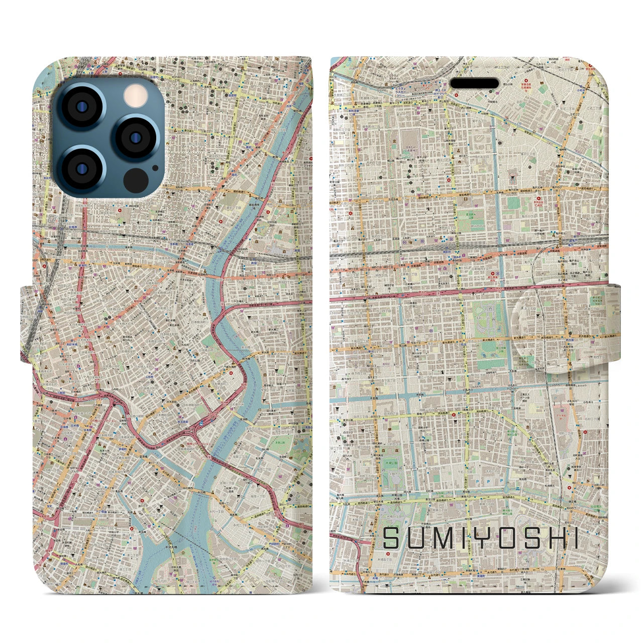 【住吉(東京都)】地図柄iPhoneケース(手帳タイプ)ナチュラル・iPhone 12 / 12 Pro 用