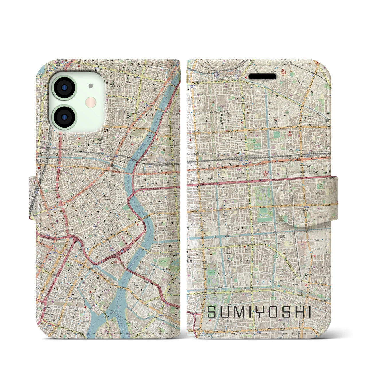 【住吉(東京都)】地図柄iPhoneケース(手帳タイプ)ナチュラル・iPhone 12 mini 用