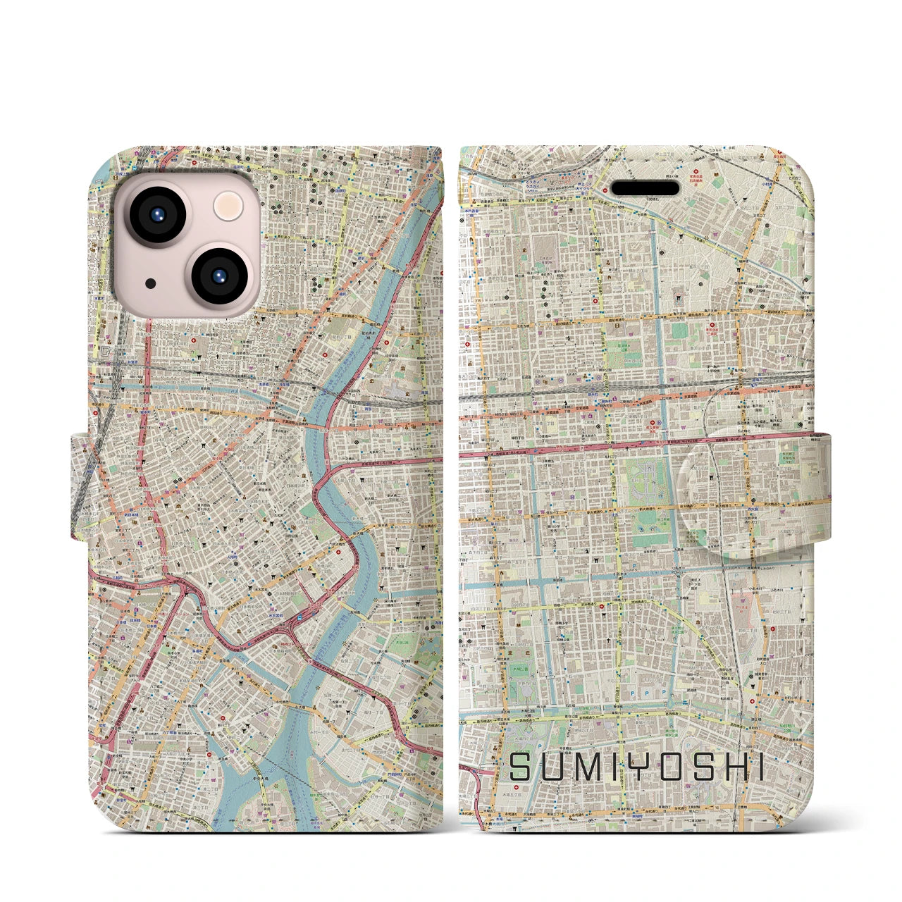 【住吉(東京都)】地図柄iPhoneケース(手帳タイプ)ナチュラル・iPhone 13 mini 用