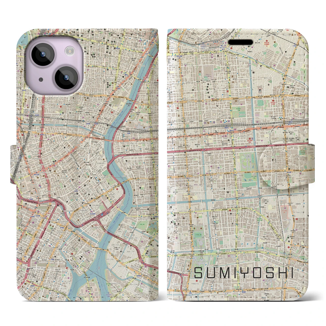 【住吉(東京都)】地図柄iPhoneケース(手帳タイプ)ナチュラル・iPhone 14 用