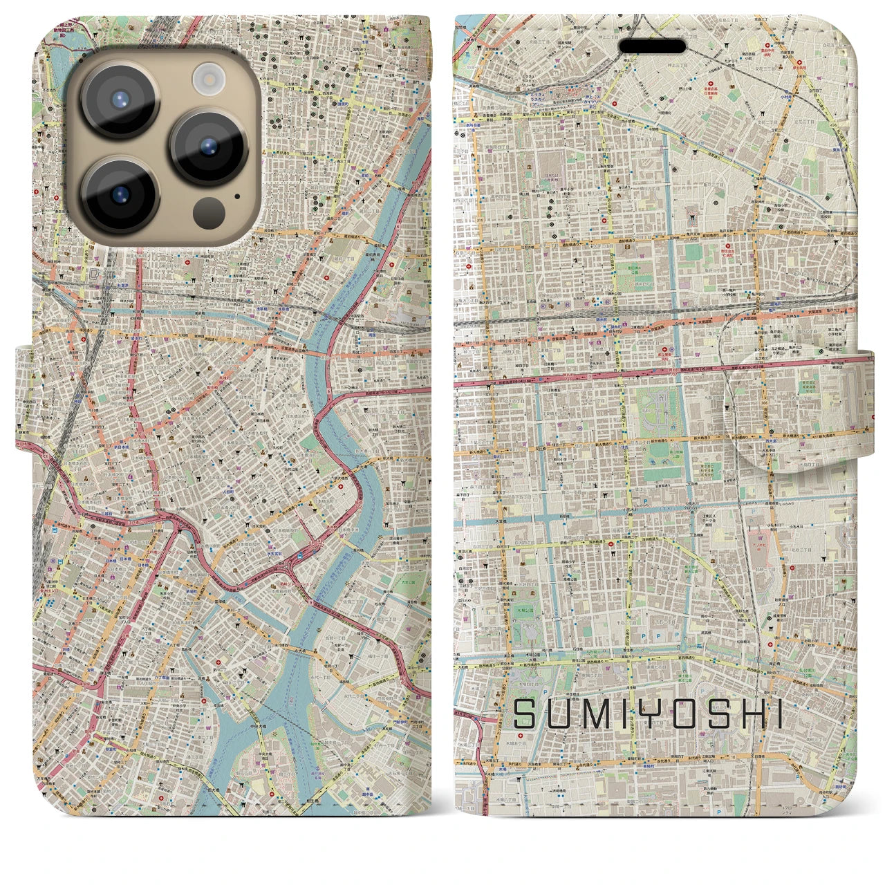 【住吉(東京都)】地図柄iPhoneケース(手帳タイプ)ナチュラル・iPhone 14 Pro Max 用