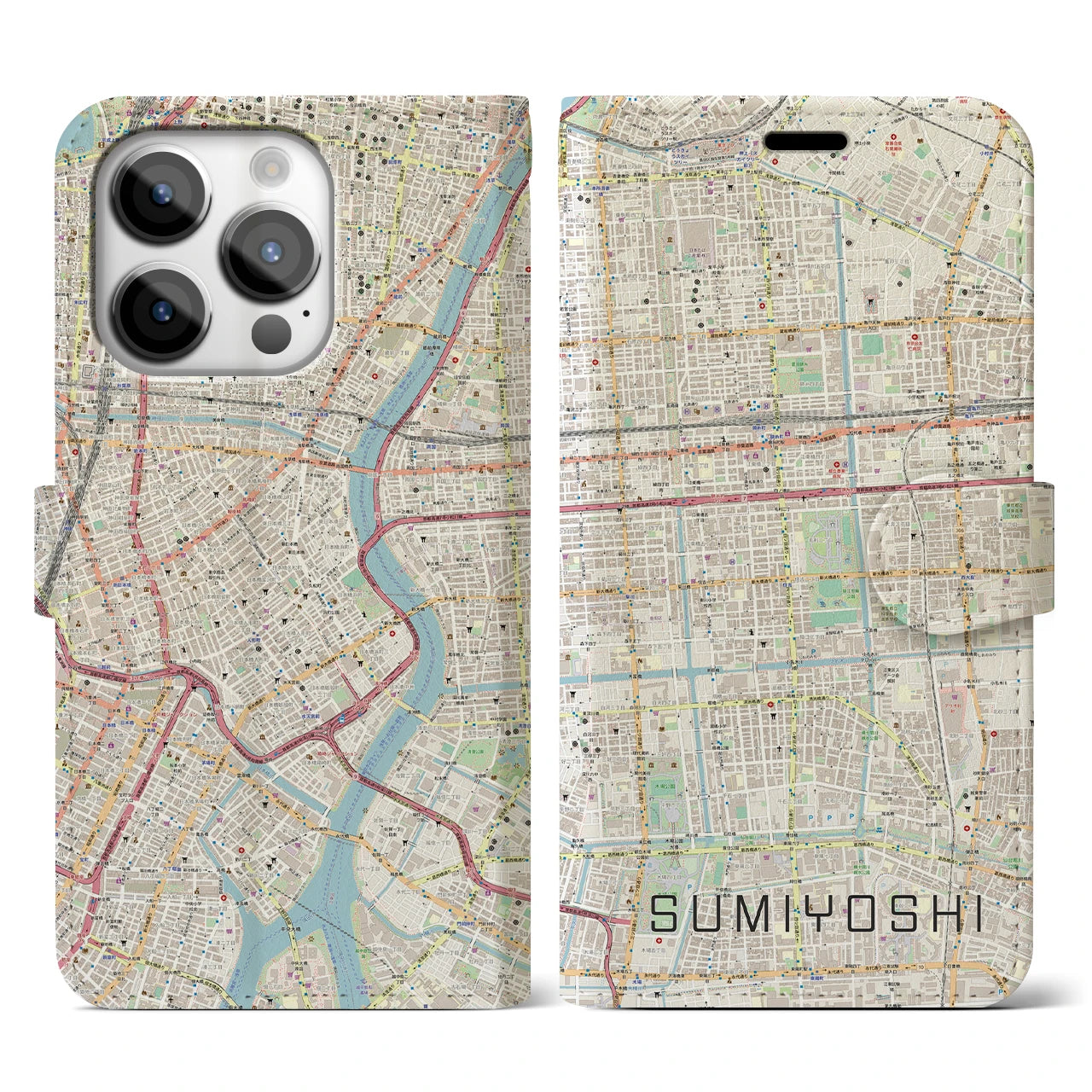 【住吉(東京都)】地図柄iPhoneケース(手帳タイプ)ナチュラル・iPhone 14 Pro 用