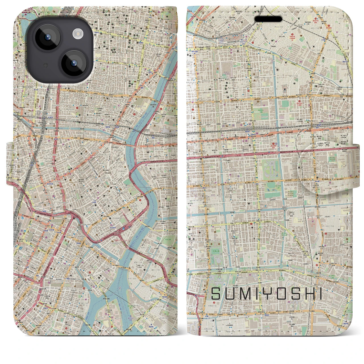 【住吉(東京都)】地図柄iPhoneケース(手帳タイプ)ナチュラル・iPhone 14 Plus 用