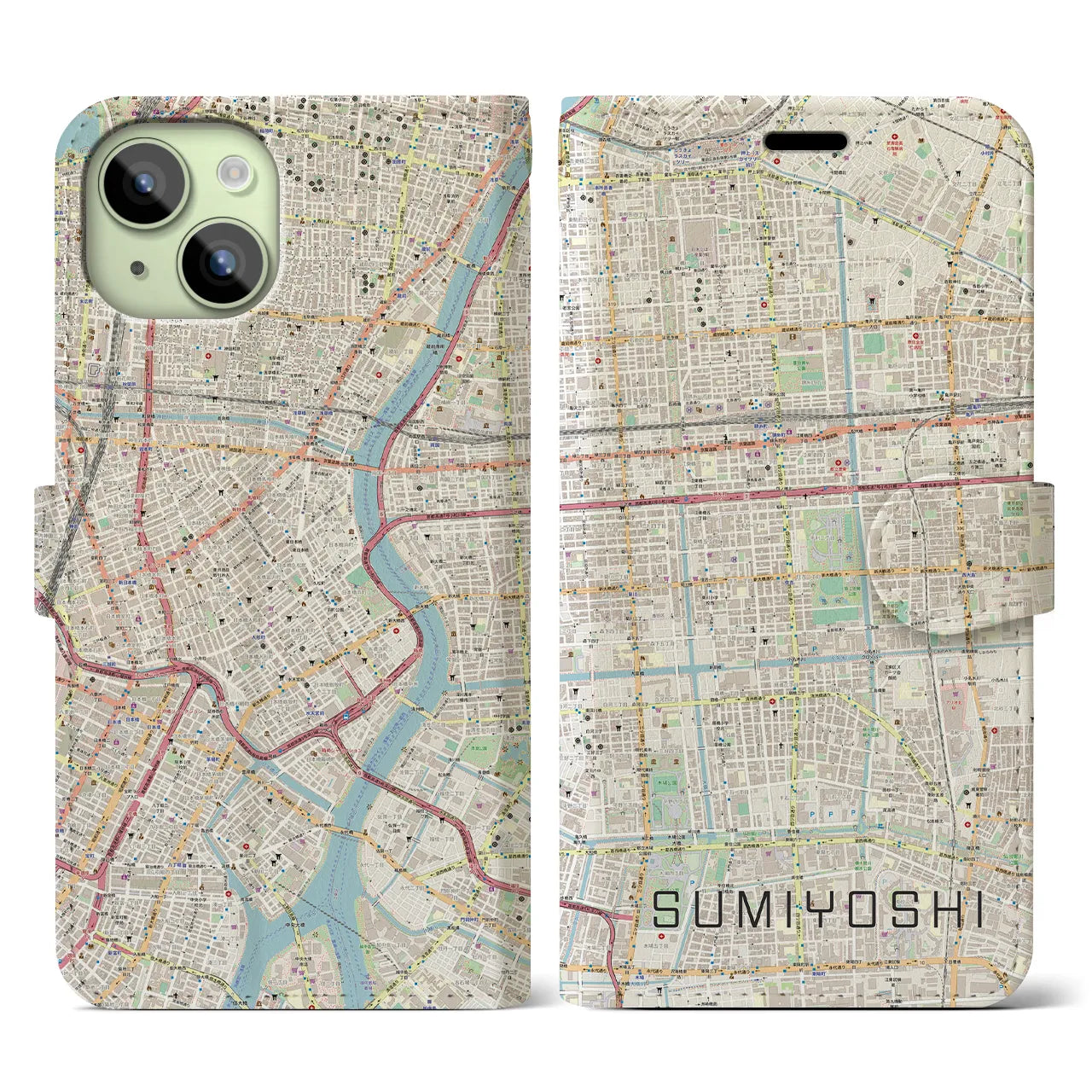 【住吉(東京都)】地図柄iPhoneケース(手帳タイプ)ナチュラル・iPhone 15 用