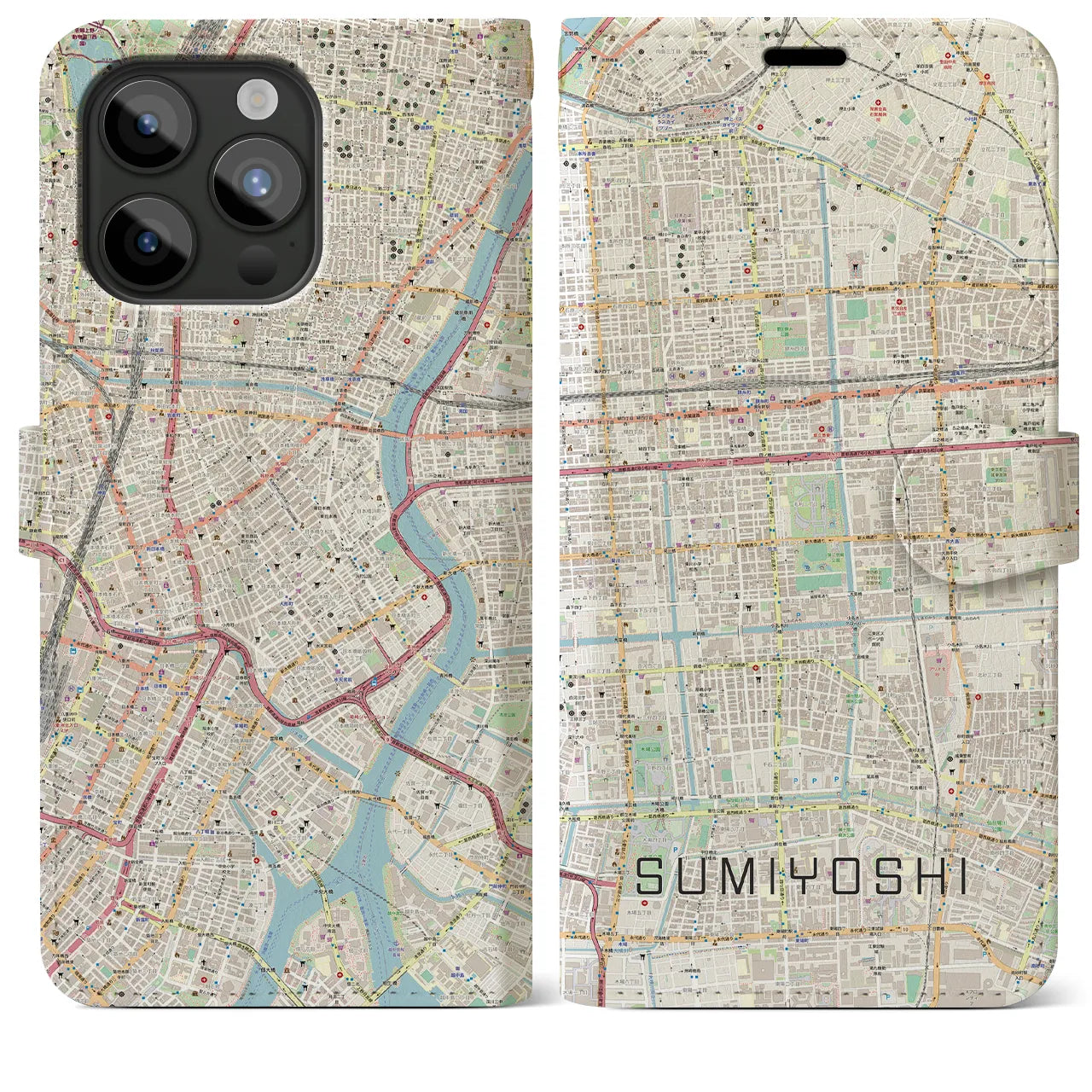 【住吉(東京都)】地図柄iPhoneケース(手帳タイプ)ナチュラル・iPhone 15 Pro Max 用