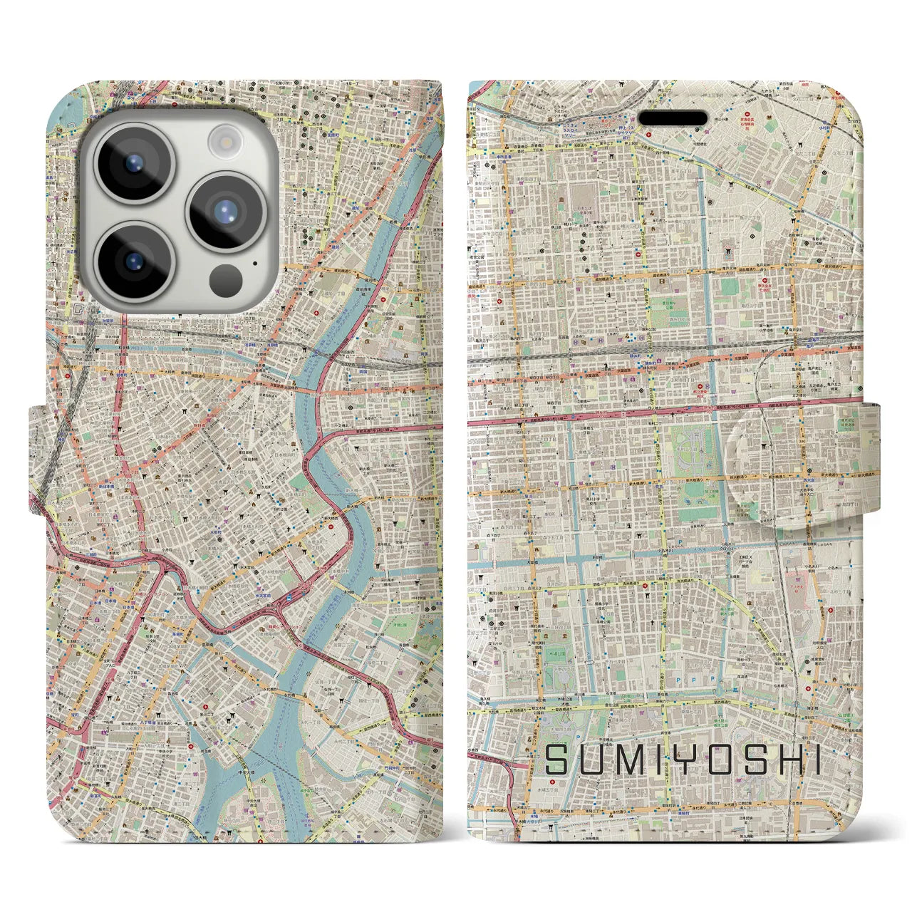 【住吉(東京都)】地図柄iPhoneケース(手帳タイプ)ナチュラル・iPhone 15 Pro 用