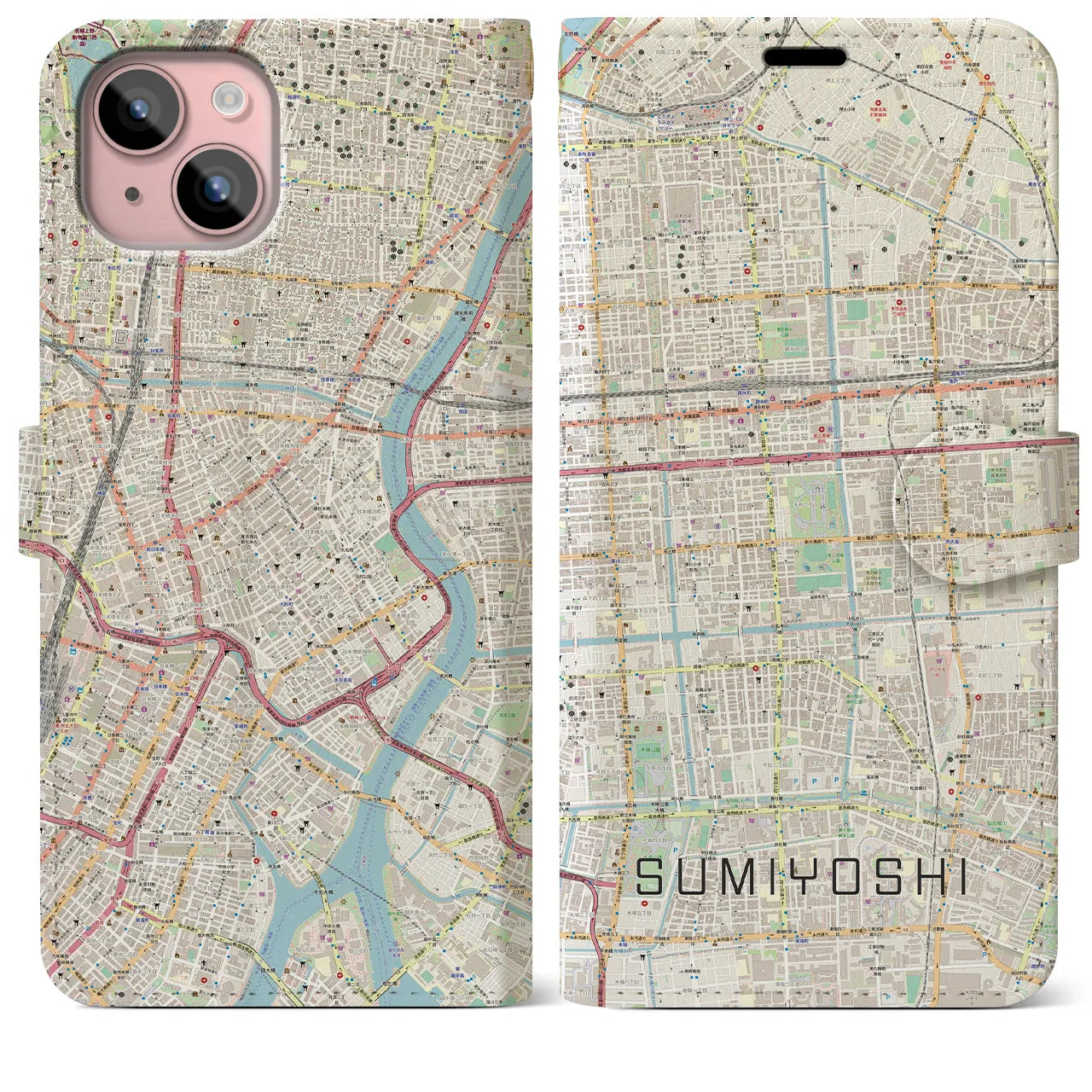【住吉(東京都)】地図柄iPhoneケース(手帳タイプ)ナチュラル・iPhone 15 Plus 用