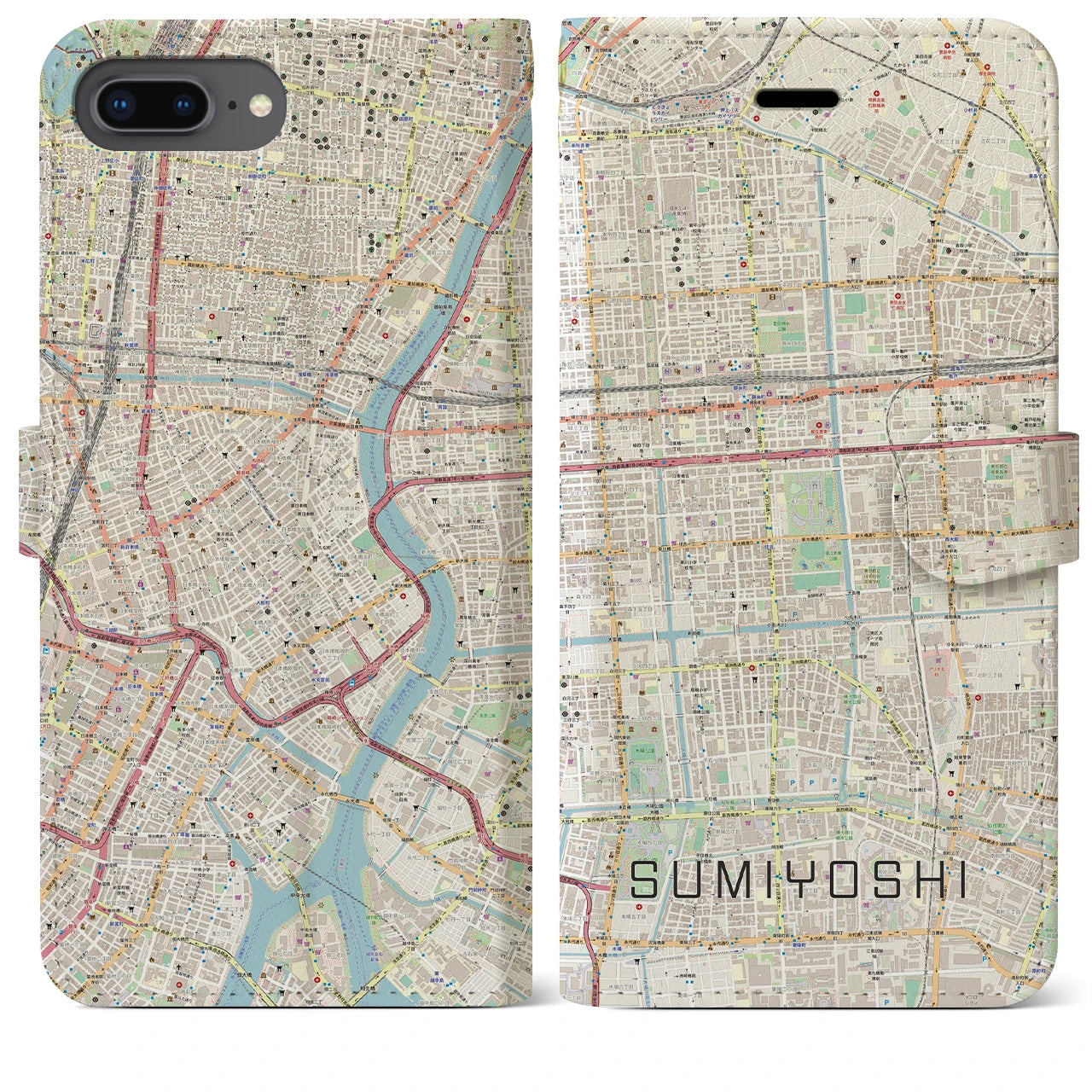 【住吉(東京都)】地図柄iPhoneケース(手帳タイプ)ナチュラル・iPhone 8Plus /7Plus / 6sPlus / 6Plus 用
