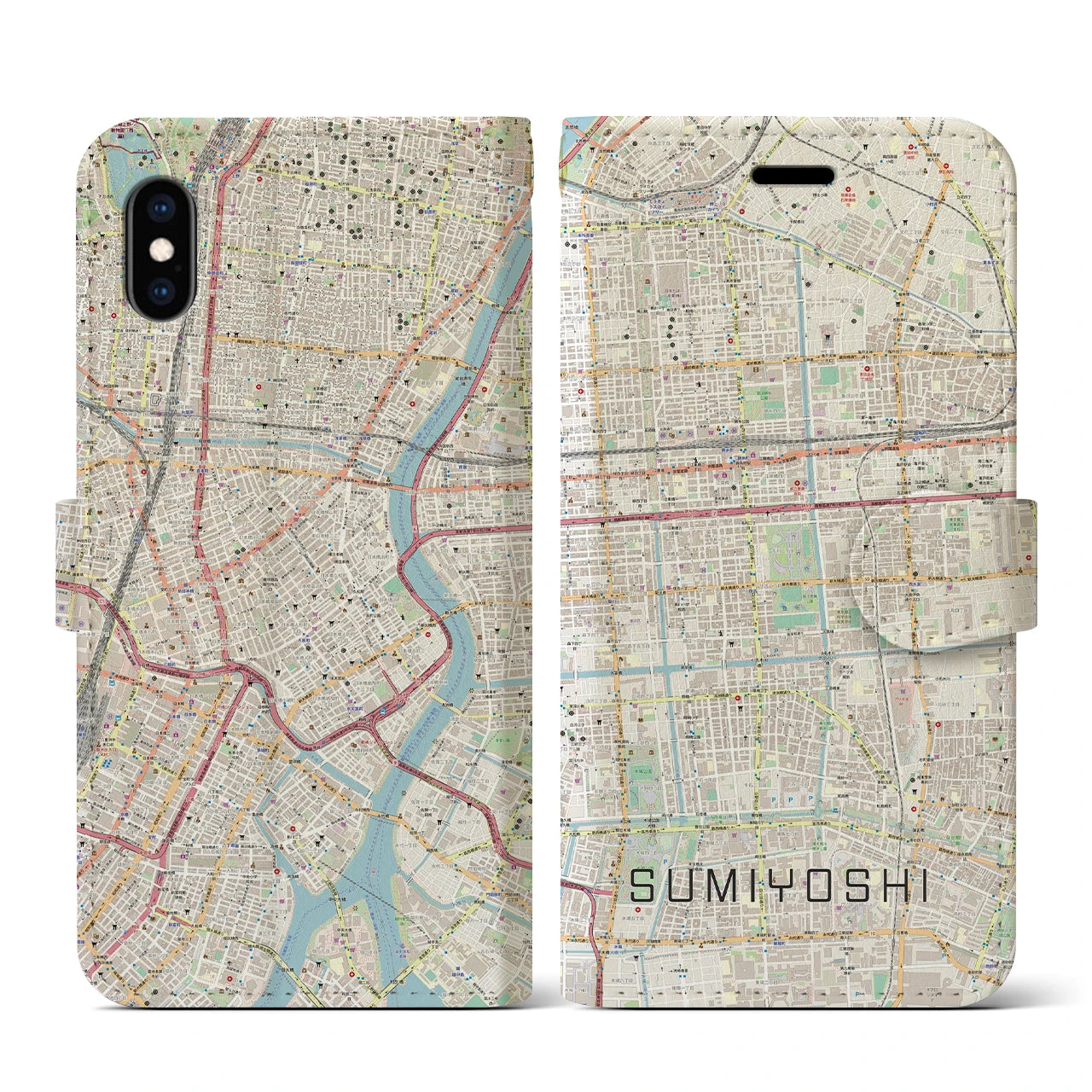 【住吉(東京都)】地図柄iPhoneケース(手帳タイプ)ナチュラル・iPhone XS / X 用