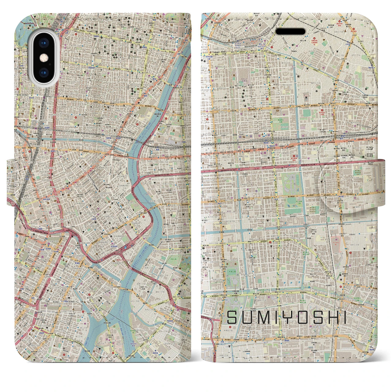 【住吉(東京都)】地図柄iPhoneケース(手帳タイプ)ナチュラル・iPhone XS Max 用