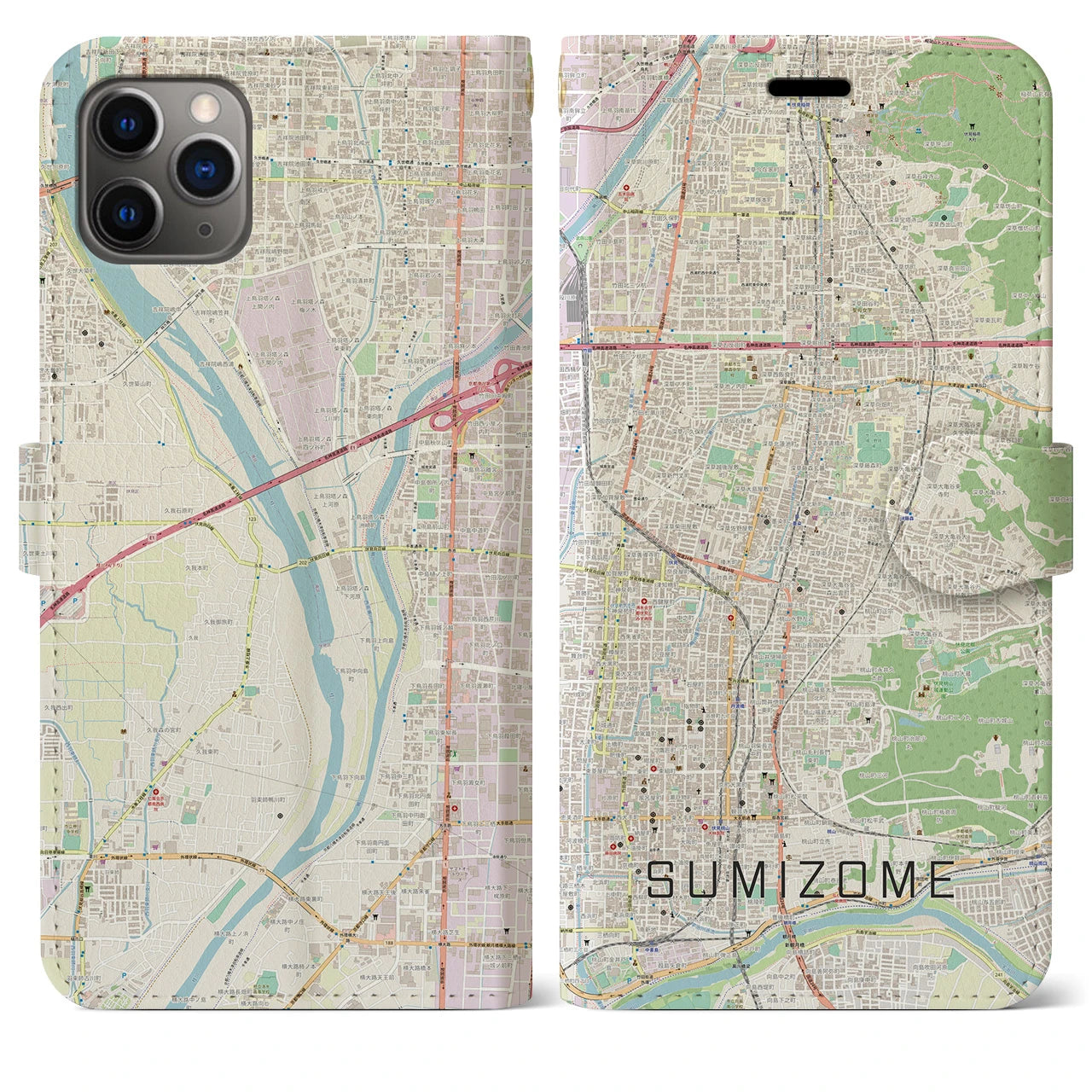 【墨染(京都府)】地図柄iPhoneケース(手帳タイプ)ナチュラル・iPhone 11 Pro Max 用