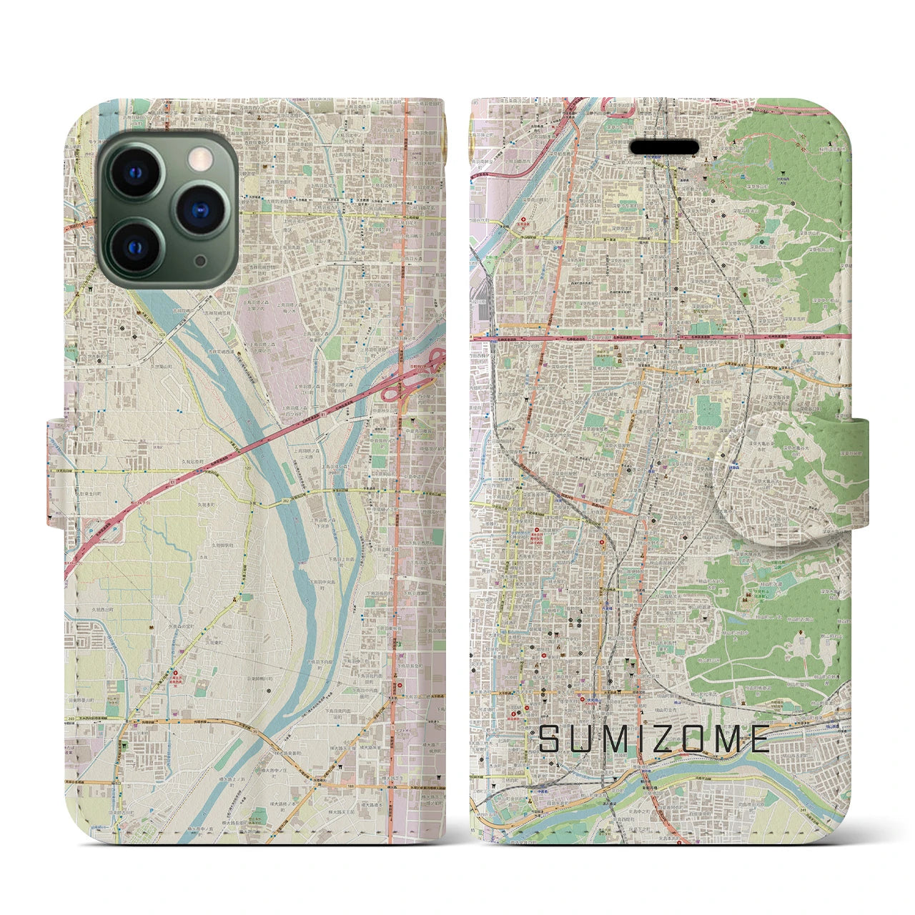 【墨染(京都府)】地図柄iPhoneケース(手帳タイプ)ナチュラル・iPhone 11 Pro 用