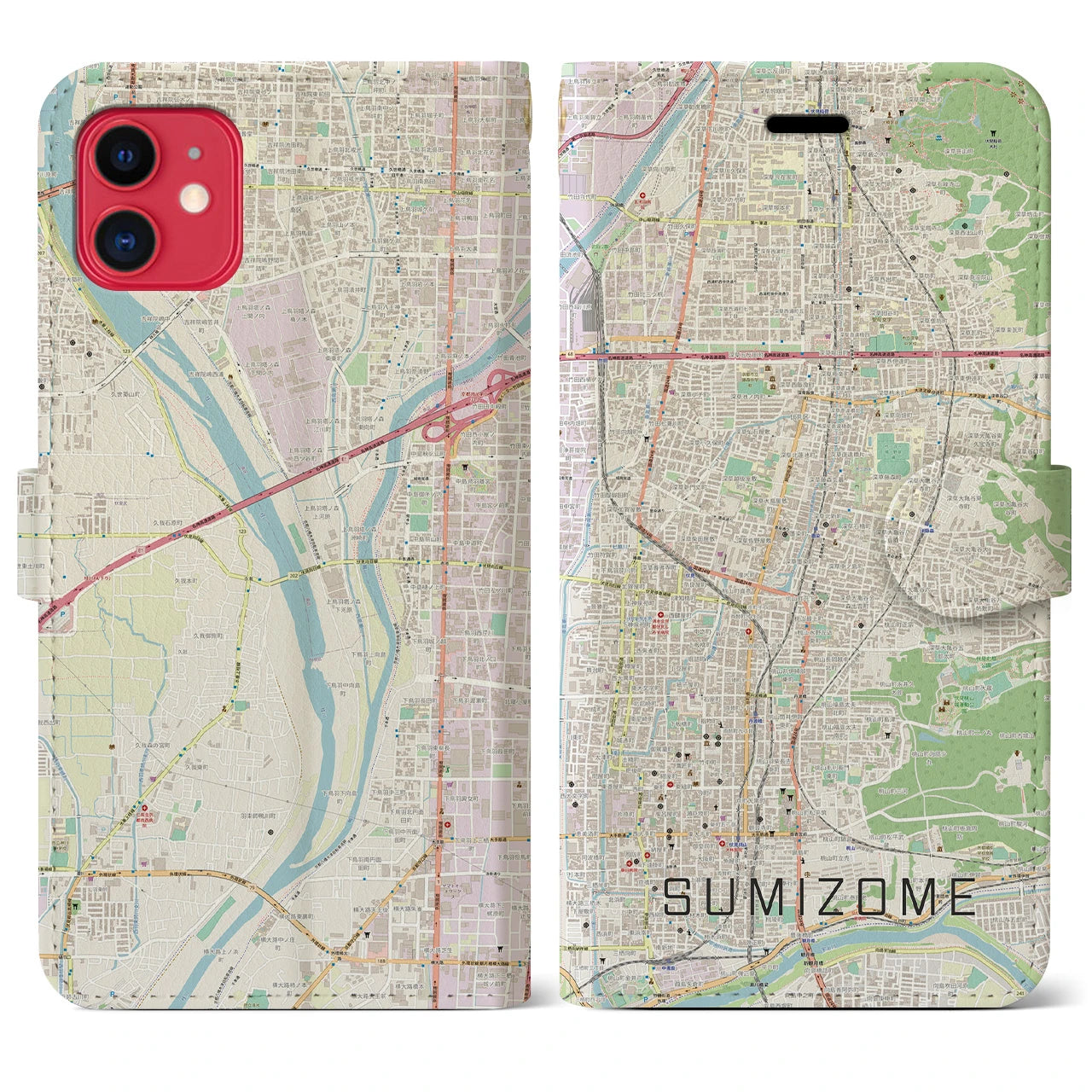 【墨染(京都府)】地図柄iPhoneケース(手帳タイプ)ナチュラル・iPhone 11 用