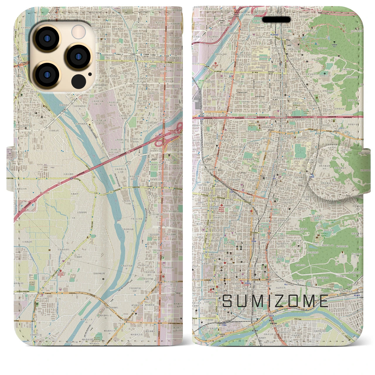 【墨染(京都府)】地図柄iPhoneケース(手帳タイプ)ナチュラル・iPhone 12 Pro Max 用