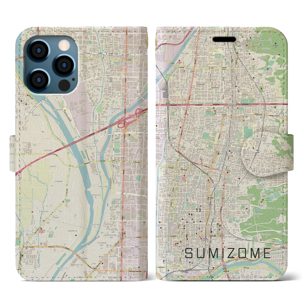 【墨染(京都府)】地図柄iPhoneケース(手帳タイプ)ナチュラル・iPhone 12 / 12 Pro 用