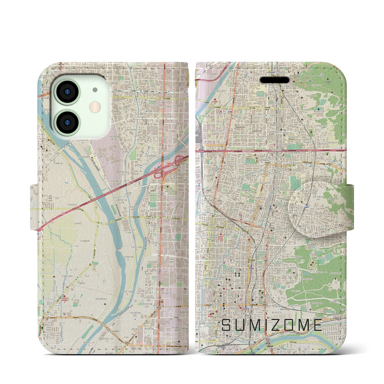 【墨染(京都府)】地図柄iPhoneケース(手帳タイプ)ナチュラル・iPhone 12 mini 用