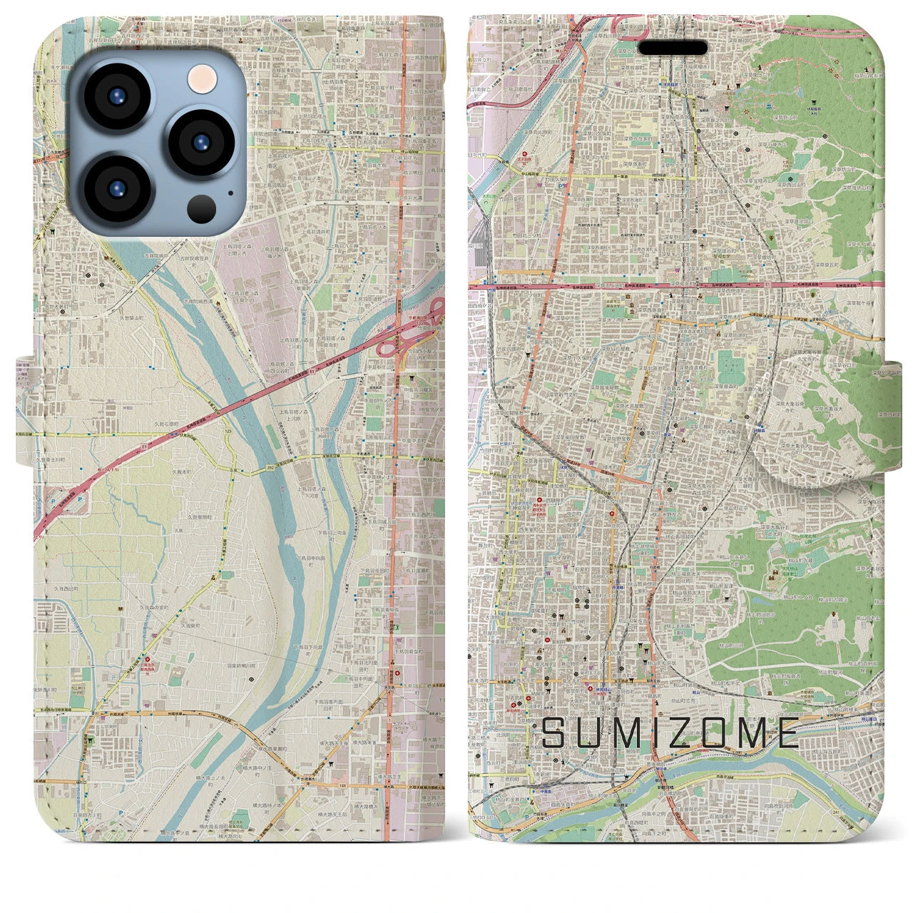 【墨染(京都府)】地図柄iPhoneケース(手帳タイプ)ナチュラル・iPhone 13 Pro Max 用