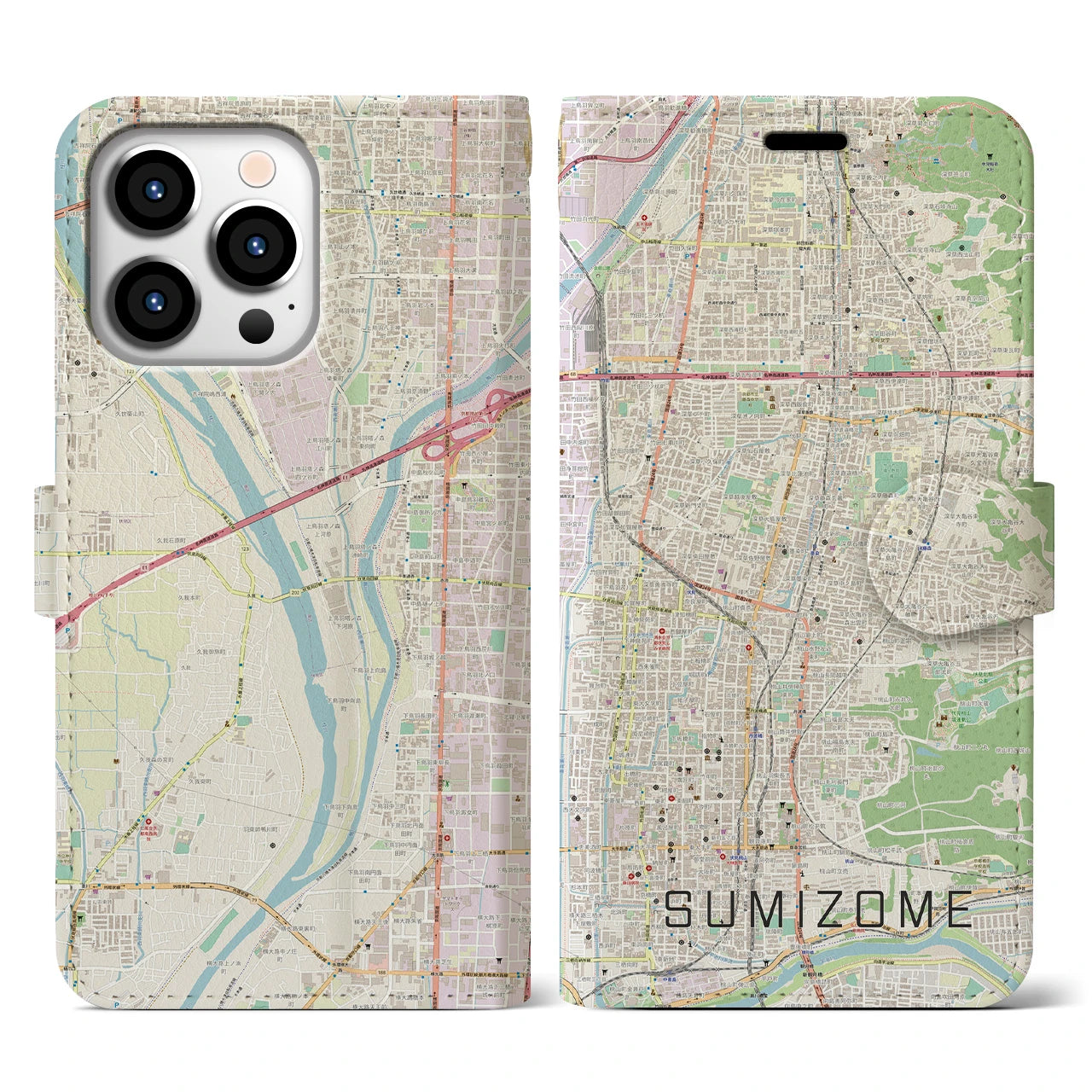 【墨染(京都府)】地図柄iPhoneケース(手帳タイプ)ナチュラル・iPhone 13 Pro 用