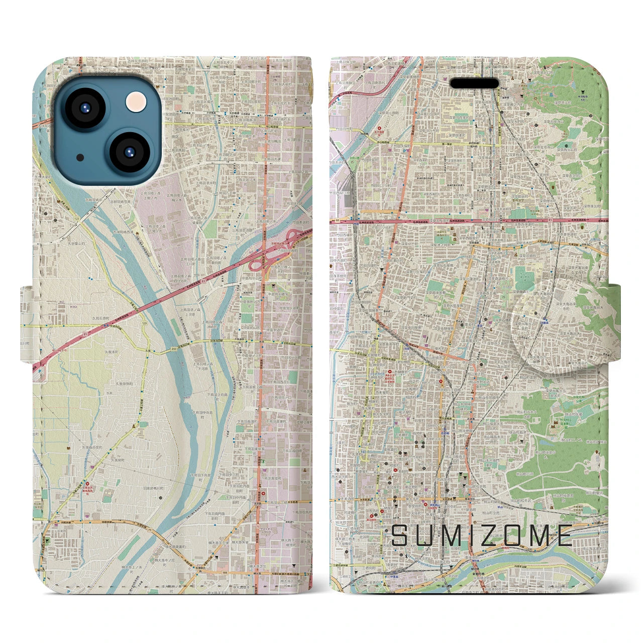 【墨染(京都府)】地図柄iPhoneケース(手帳タイプ)ナチュラル・iPhone 13 用