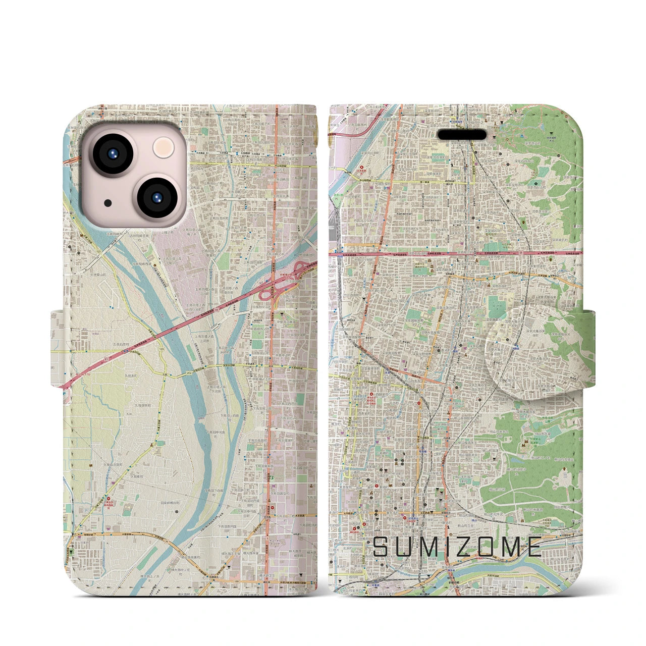 【墨染(京都府)】地図柄iPhoneケース(手帳タイプ)ナチュラル・iPhone 13 mini 用