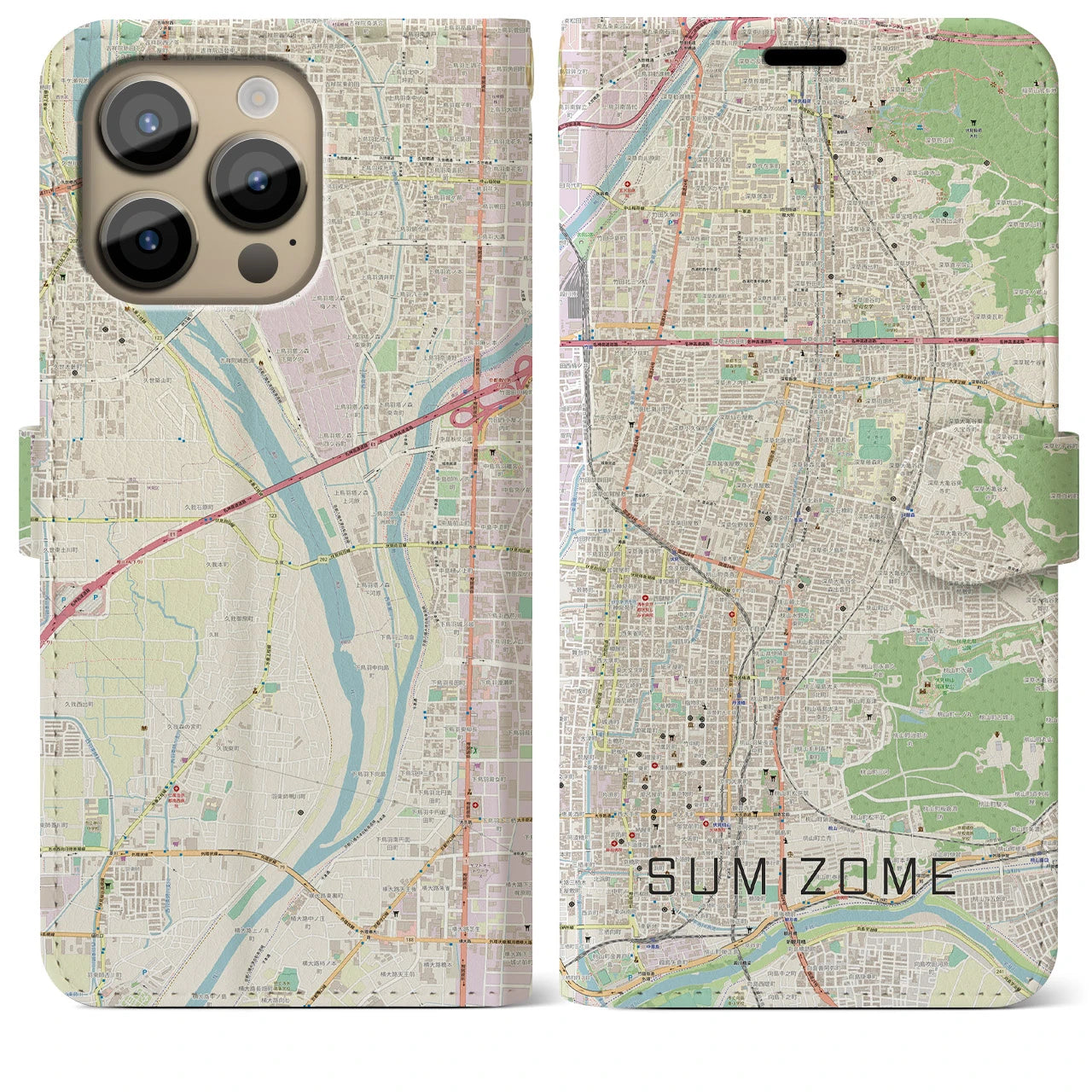 【墨染(京都府)】地図柄iPhoneケース(手帳タイプ)ナチュラル・iPhone 14 Pro Max 用