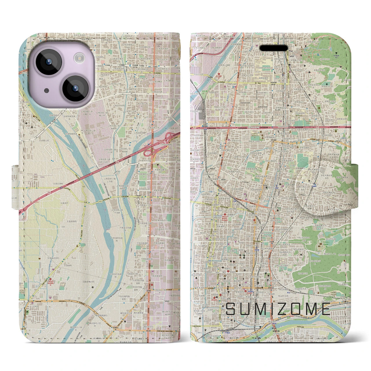 【墨染(京都府)】地図柄iPhoneケース(手帳タイプ)ナチュラル・iPhone 14 用