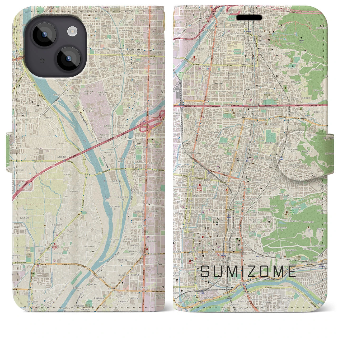 【墨染(京都府)】地図柄iPhoneケース(手帳タイプ)ナチュラル・iPhone 14 Plus 用