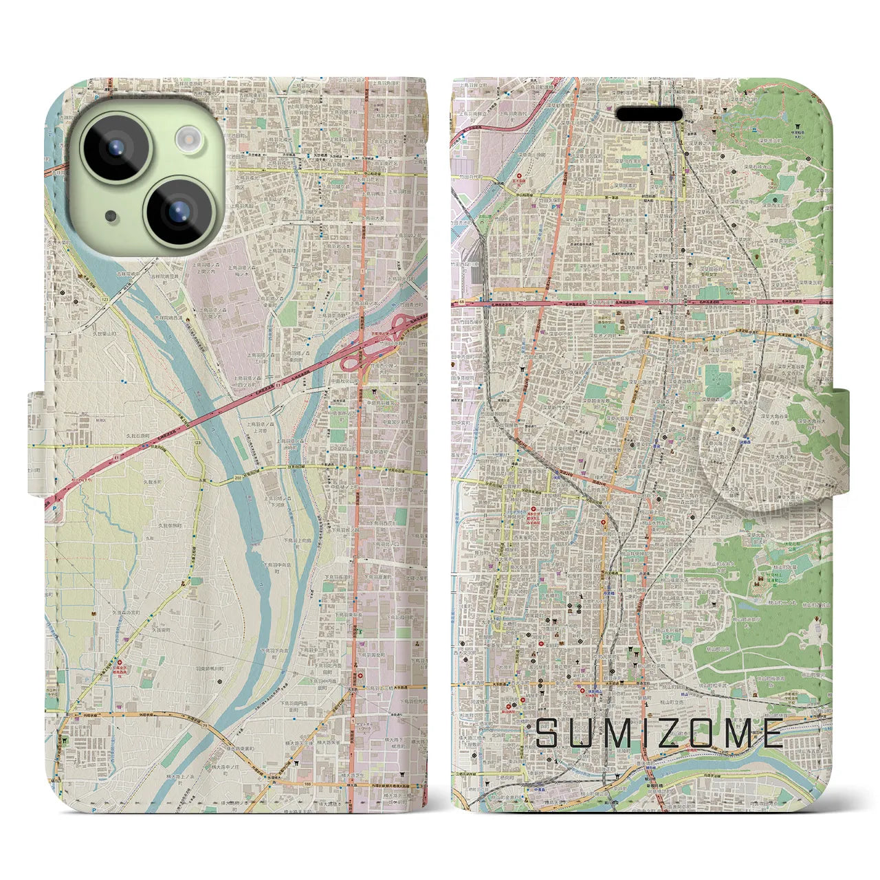 【墨染(京都府)】地図柄iPhoneケース(手帳タイプ)ナチュラル・iPhone 15 用