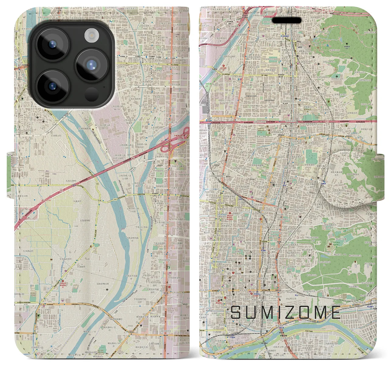 【墨染(京都府)】地図柄iPhoneケース(手帳タイプ)ナチュラル・iPhone 15 Pro Max 用