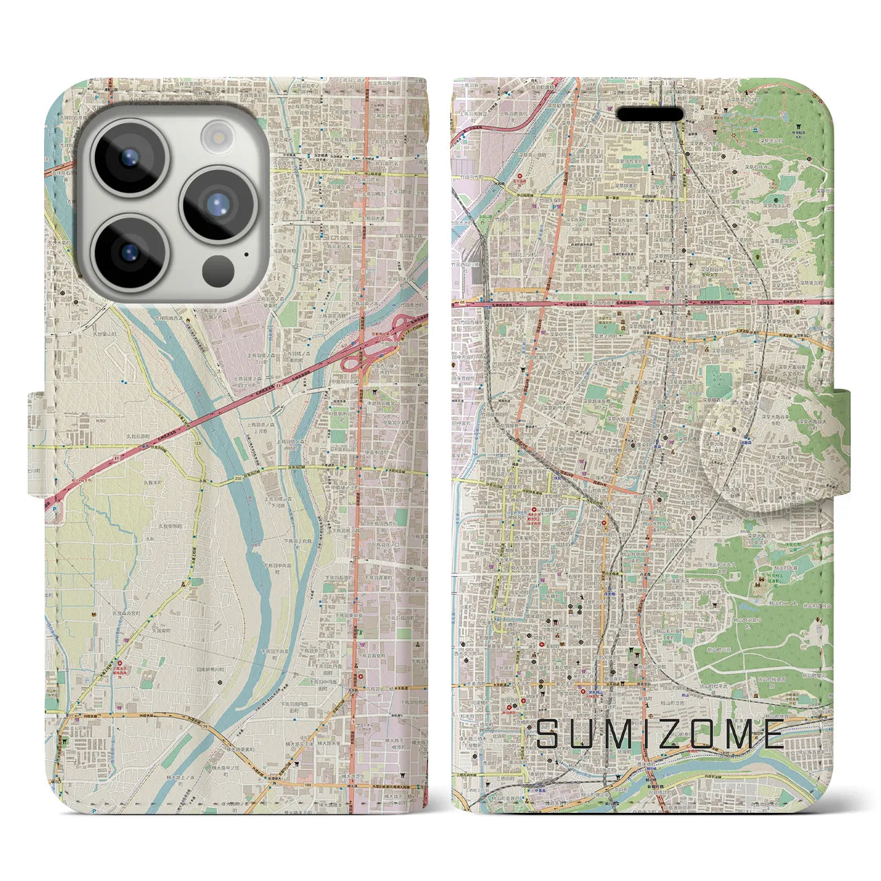 【墨染(京都府)】地図柄iPhoneケース(手帳タイプ)ナチュラル・iPhone 15 Pro 用