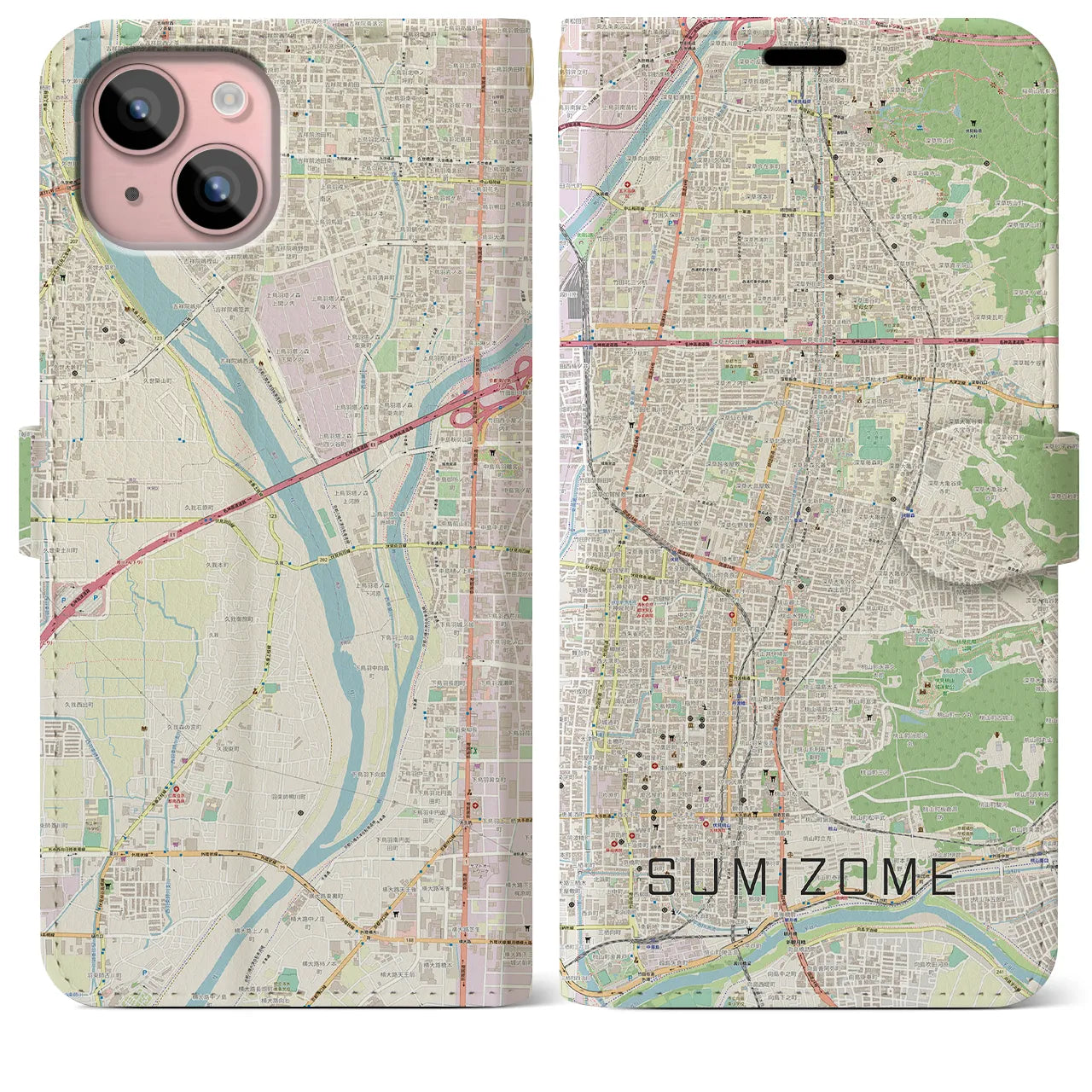 【墨染(京都府)】地図柄iPhoneケース(手帳タイプ)ナチュラル・iPhone 15 Plus 用