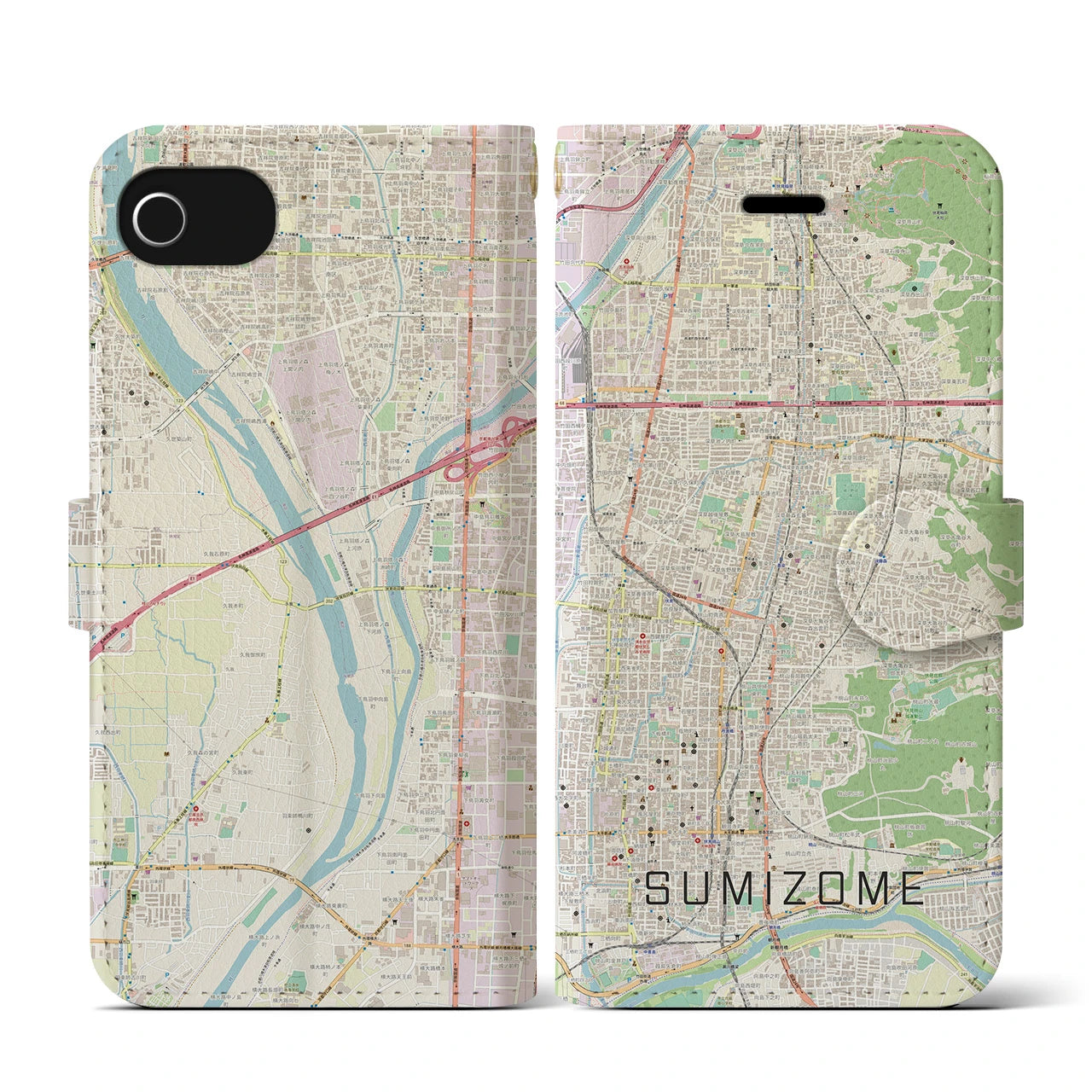 【墨染(京都府)】地図柄iPhoneケース(手帳タイプ)ナチュラル・iPhone SE(第3 / 第2世代) / 8 / 7 / 6s / 6 用