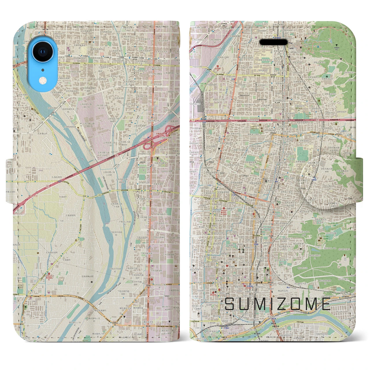 【墨染(京都府)】地図柄iPhoneケース(手帳タイプ)ナチュラル・iPhone XR 用