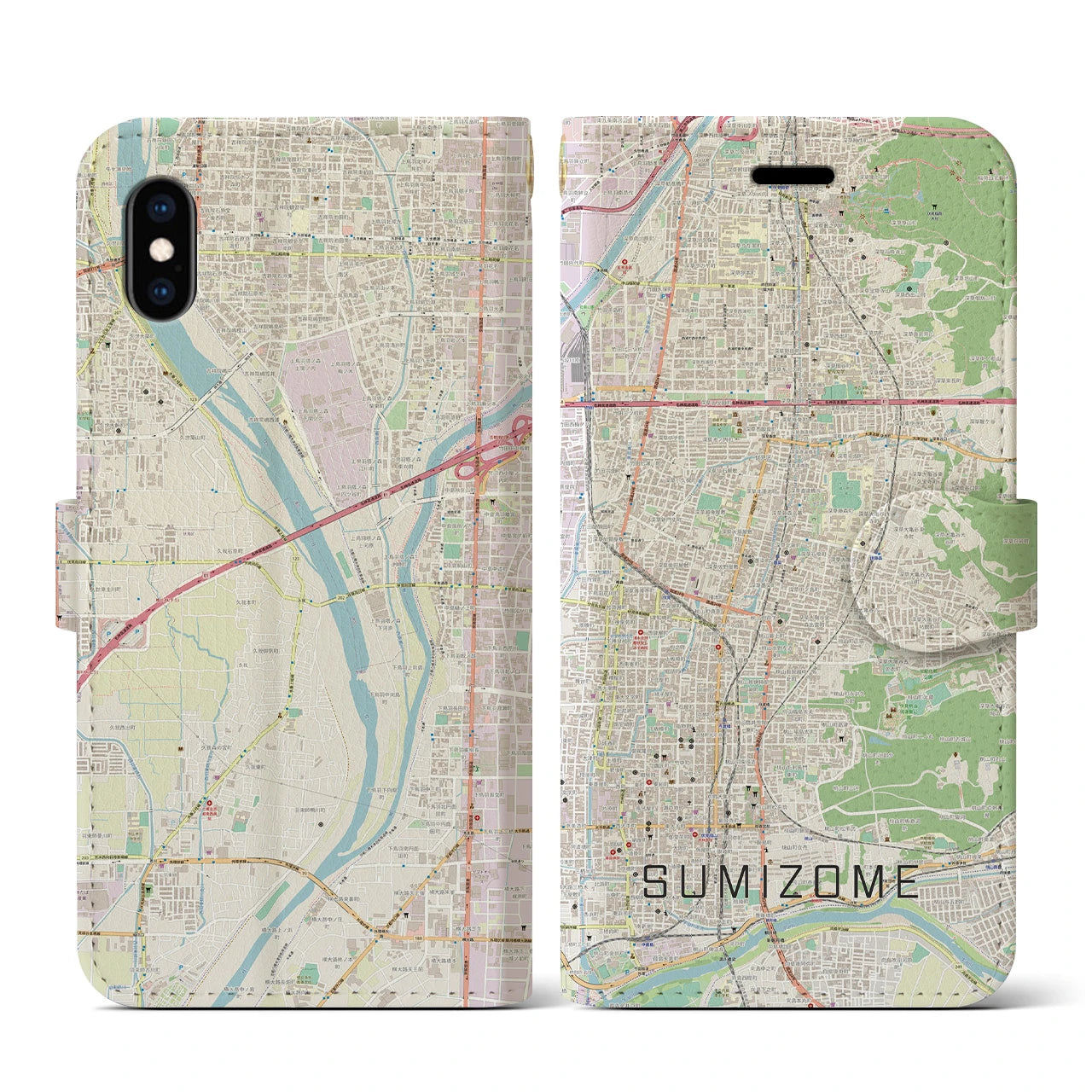 【墨染(京都府)】地図柄iPhoneケース(手帳タイプ)ナチュラル・iPhone XS / X 用