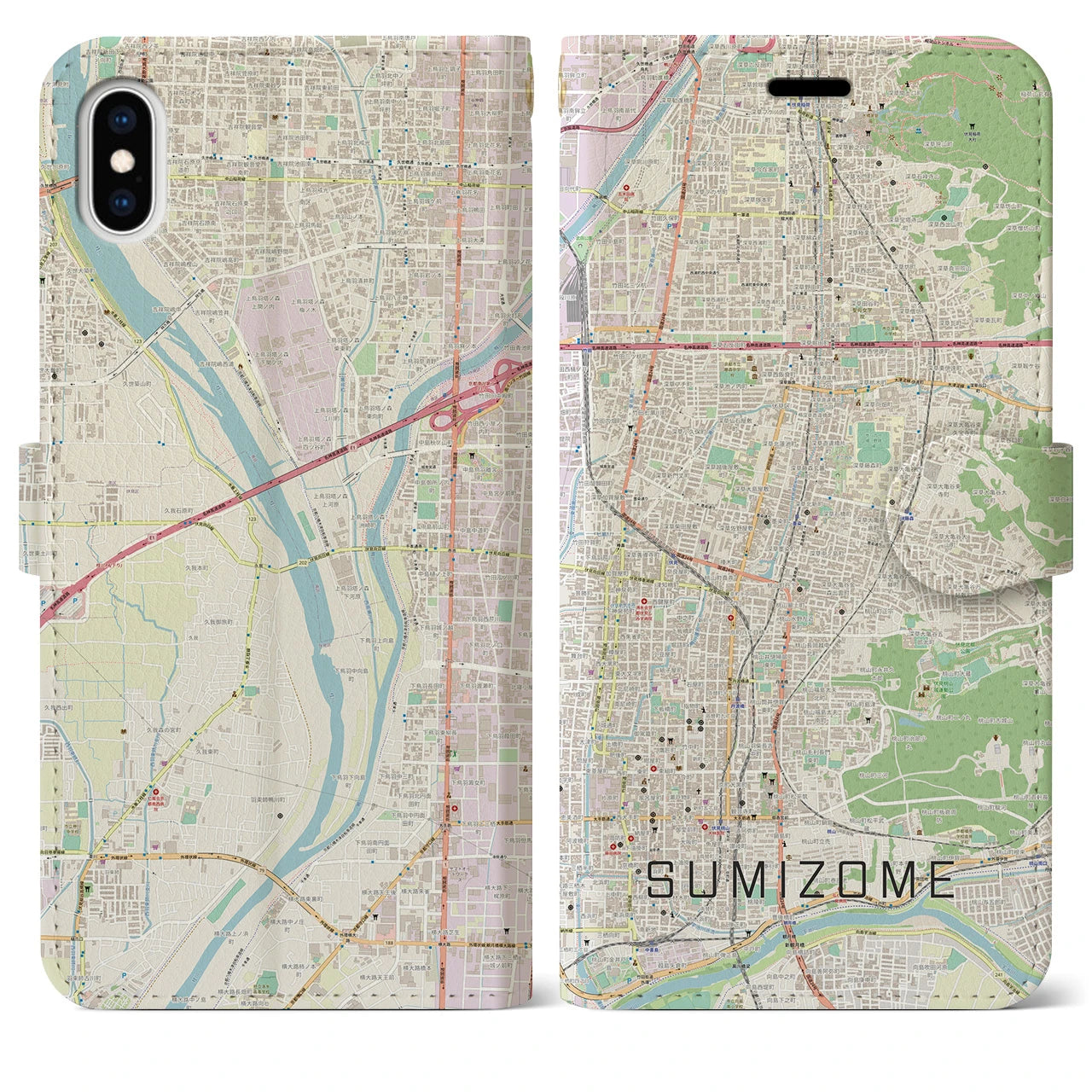 【墨染(京都府)】地図柄iPhoneケース(手帳タイプ)ナチュラル・iPhone XS Max 用