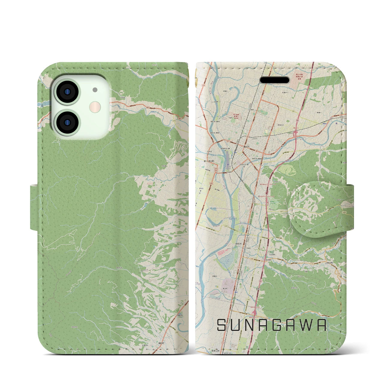 【砂川(北海道)】地図柄iPhoneケース(手帳タイプ)ナチュラル・iPhone 12 mini 用