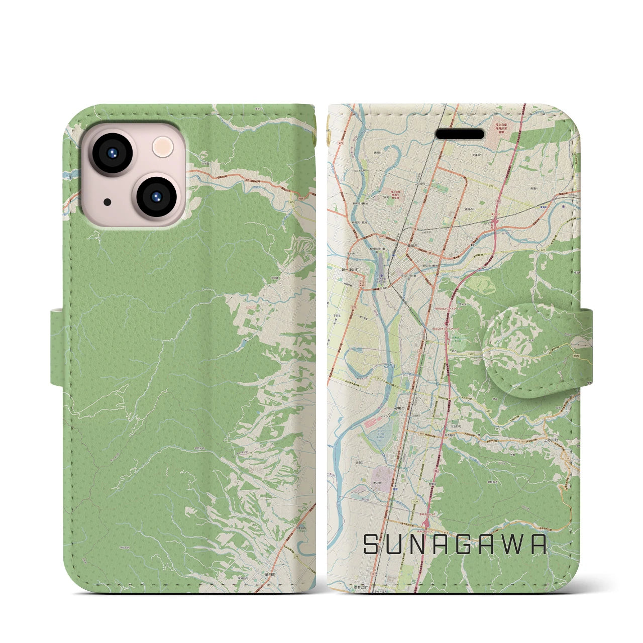 【砂川(北海道)】地図柄iPhoneケース(手帳タイプ)ナチュラル・iPhone 13 mini 用
