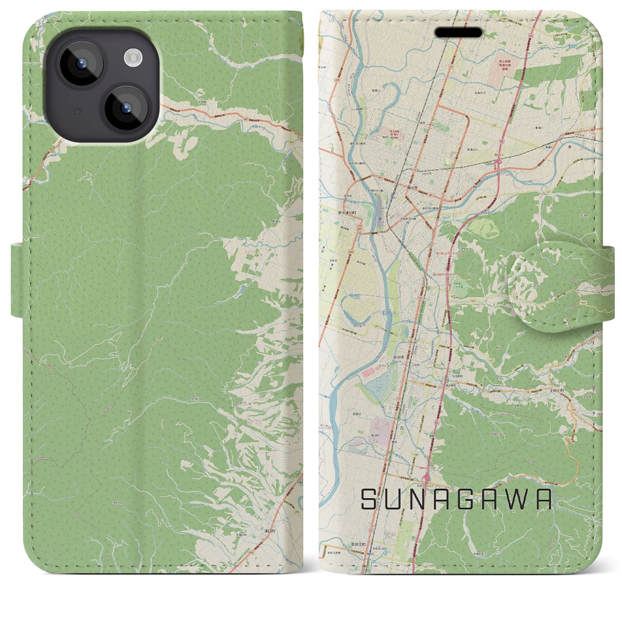 【砂川(北海道)】地図柄iPhoneケース(手帳タイプ)ナチュラル・iPhone 14 Plus 用