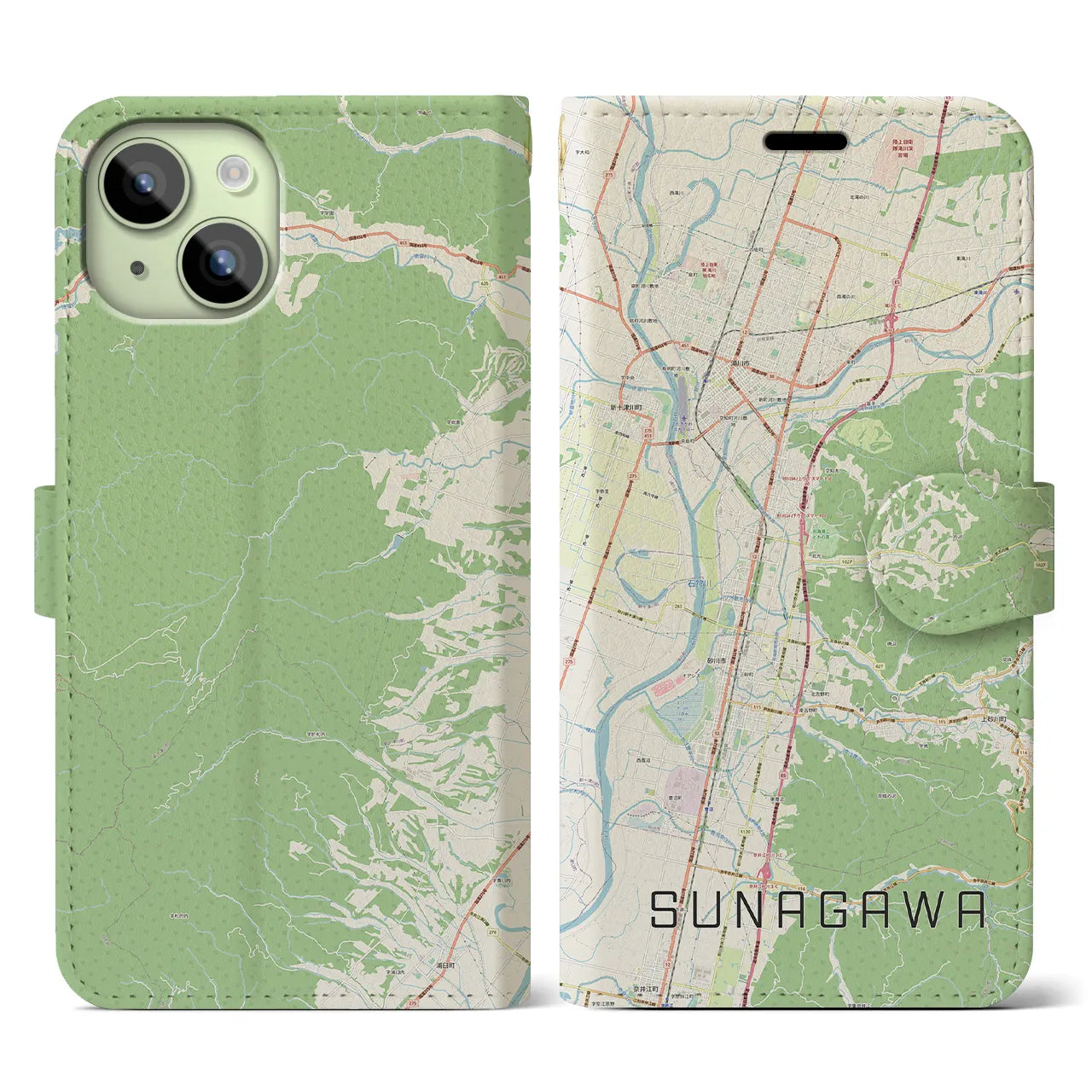 【砂川(北海道)】地図柄iPhoneケース(手帳タイプ)ナチュラル・iPhone 15 用