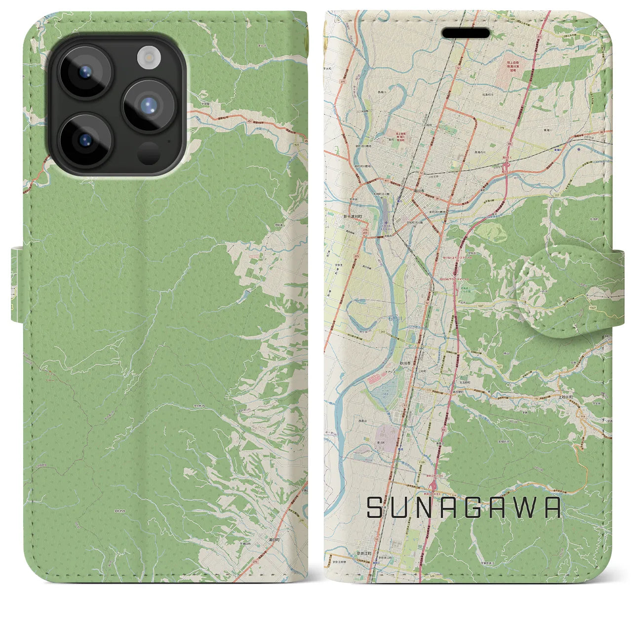 【砂川(北海道)】地図柄iPhoneケース(手帳タイプ)ナチュラル・iPhone 15 Pro Max 用