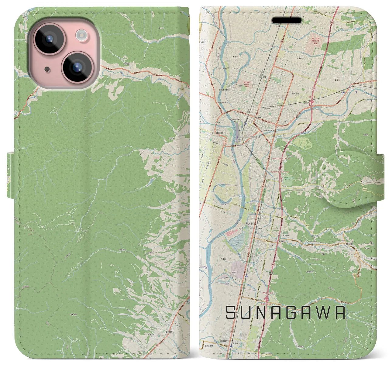 【砂川(北海道)】地図柄iPhoneケース(手帳タイプ)ナチュラル・iPhone 15 Plus 用