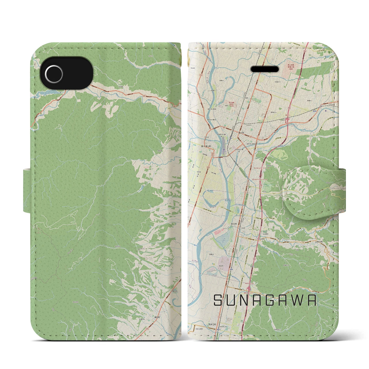 【砂川(北海道)】地図柄iPhoneケース(手帳タイプ)ナチュラル・iPhone SE(第3 / 第2世代) / 8 / 7 / 6s / 6 用