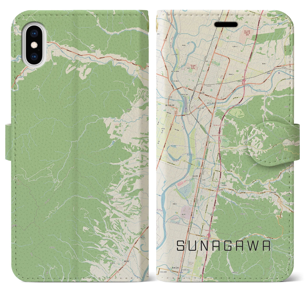 【砂川(北海道)】地図柄iPhoneケース(手帳タイプ)ナチュラル・iPhone XS Max 用