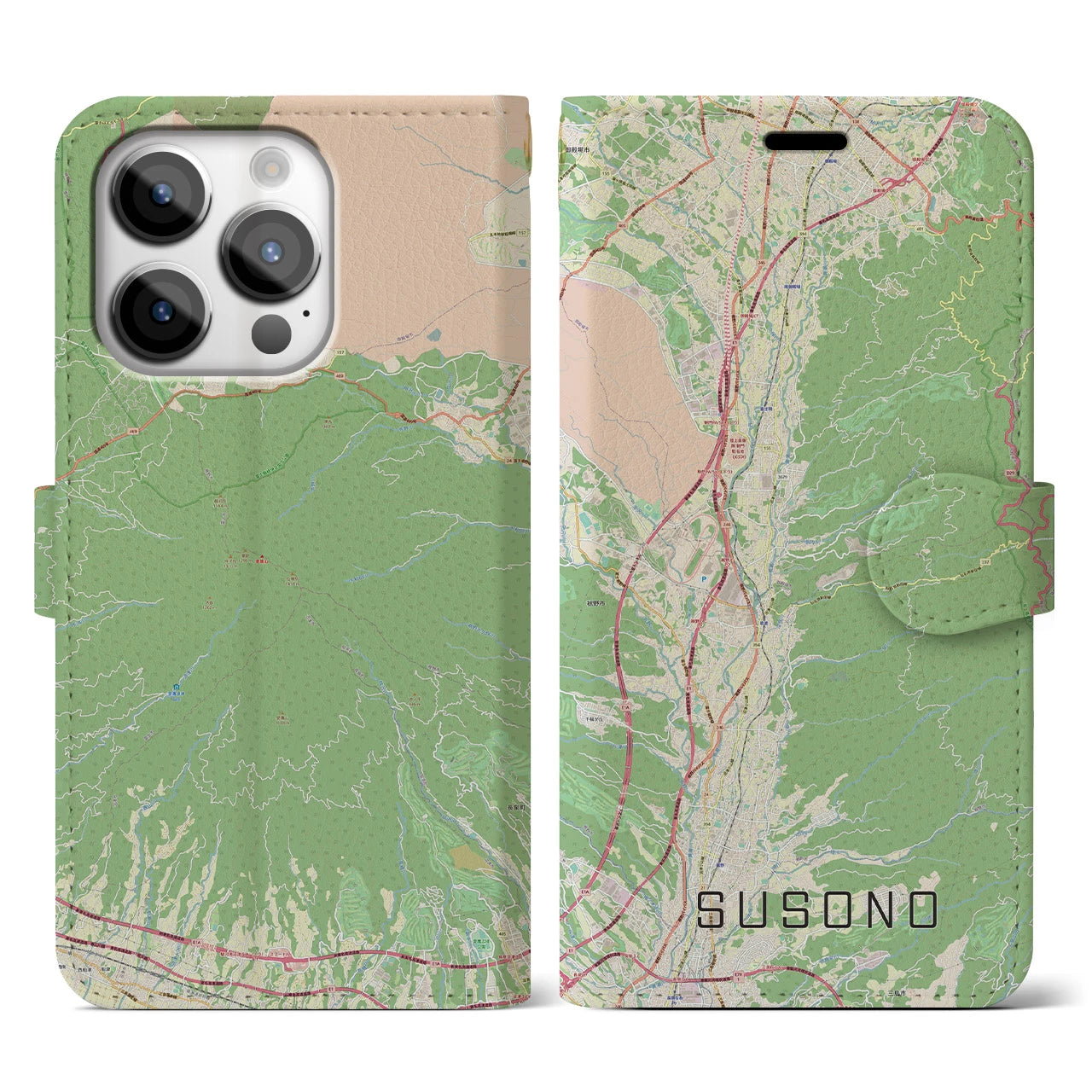【裾野(静岡県)】地図柄iPhoneケース(手帳タイプ)ナチュラル・iPhone 14 Pro 用