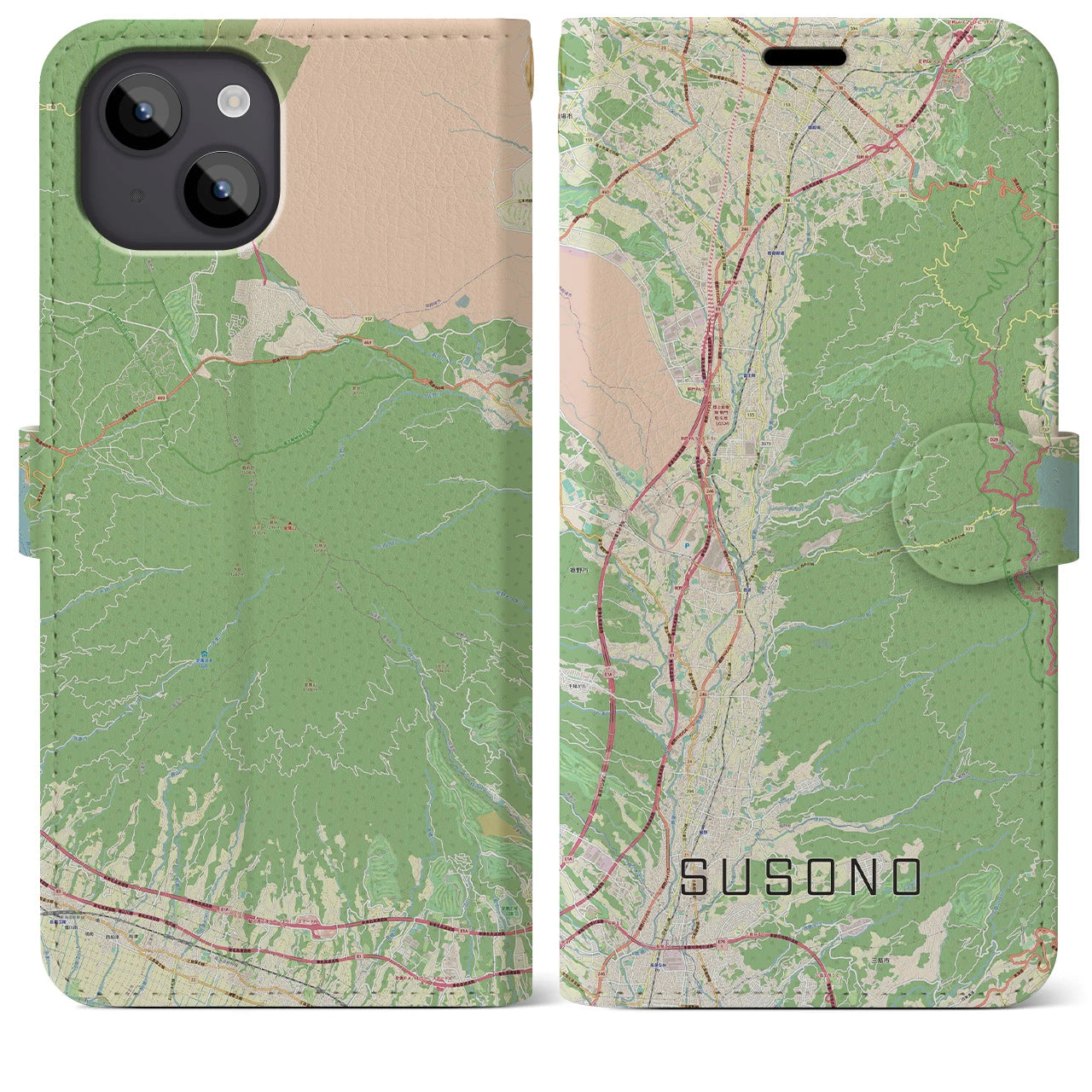 【裾野(静岡県)】地図柄iPhoneケース(手帳タイプ)ナチュラル・iPhone 14 Plus 用